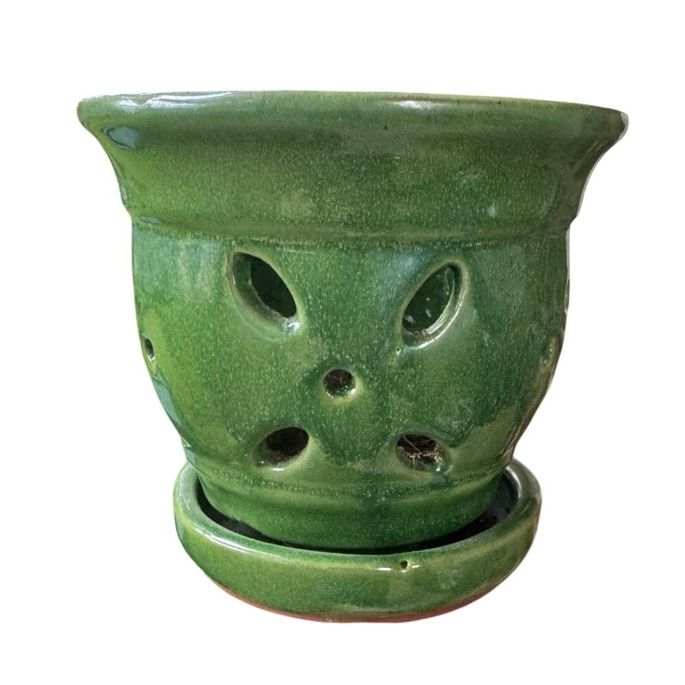 Green Glazed Pottery Orchid Pot Planter Pierced Flower Houseplant Pot Saucer